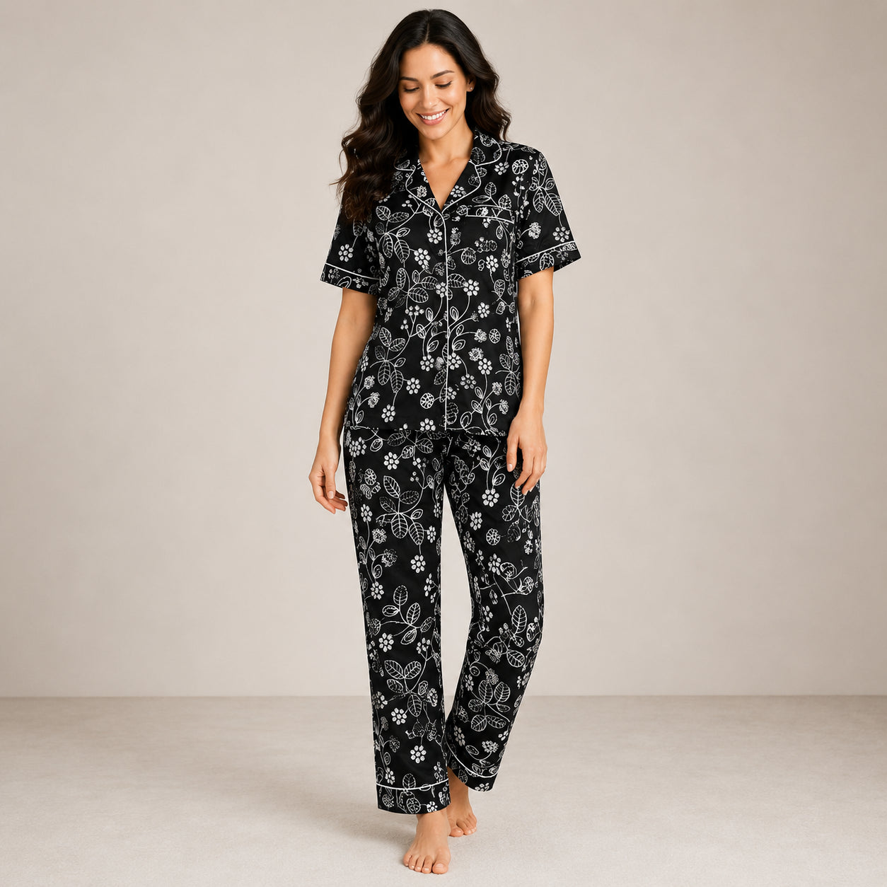 Black Floral Arabic Night Suit Soft, Elegant & Relaxed Fit (2-Piece Set) | Haya Secrets