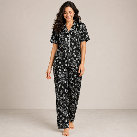 Black Floral Arabic Night Suit Soft, Elegant & Relaxed Fit (2-Piece Set) | Haya Secrets