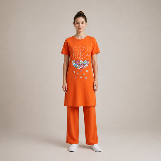 Orange Printed Long Shirt Trouser Set Soft, Comfortable & Relaxed Fit | Haya Secrets