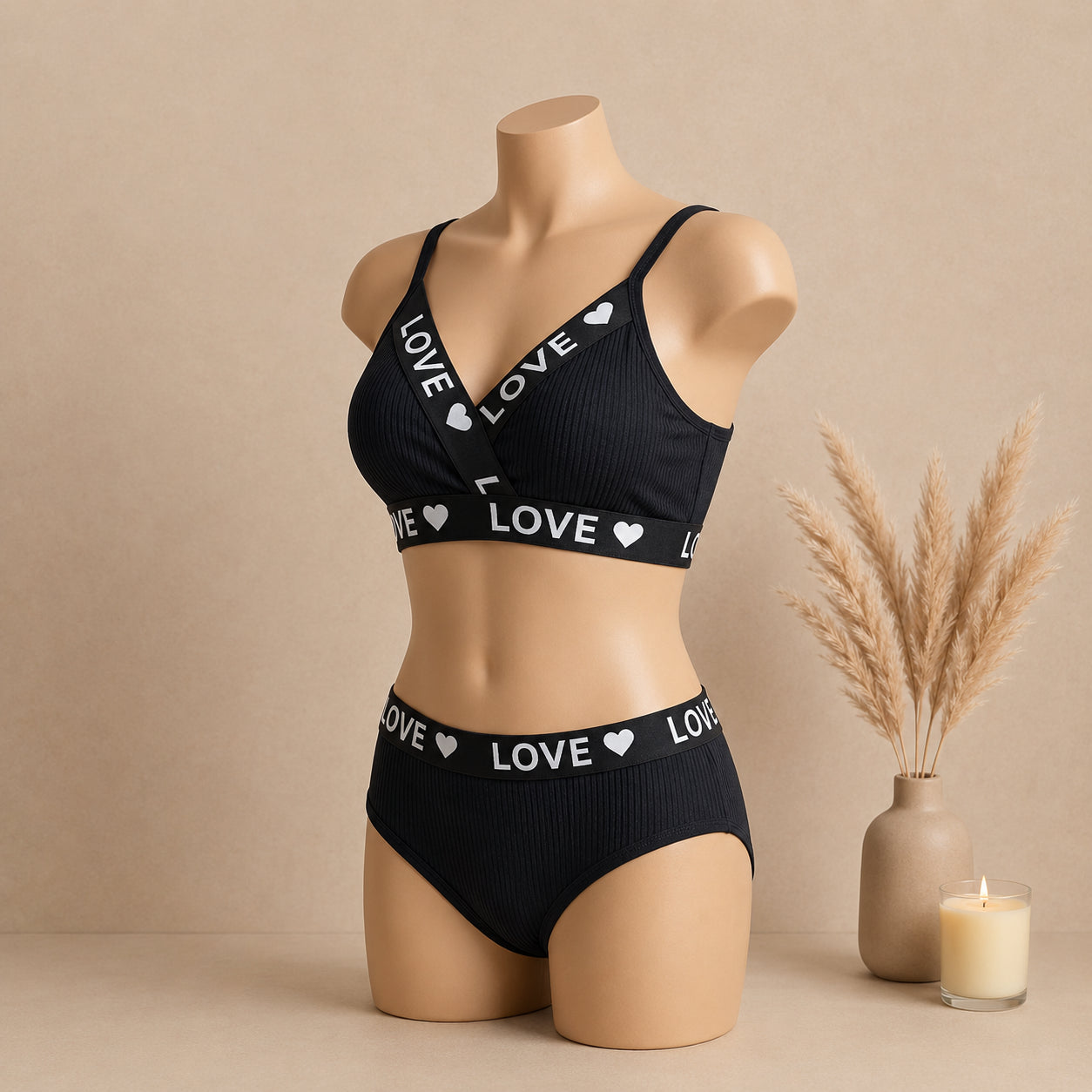 Women's Ribbed Love Bralette & Panty Set – Soft Wireless Comfort Lingerie | Haya Secrets