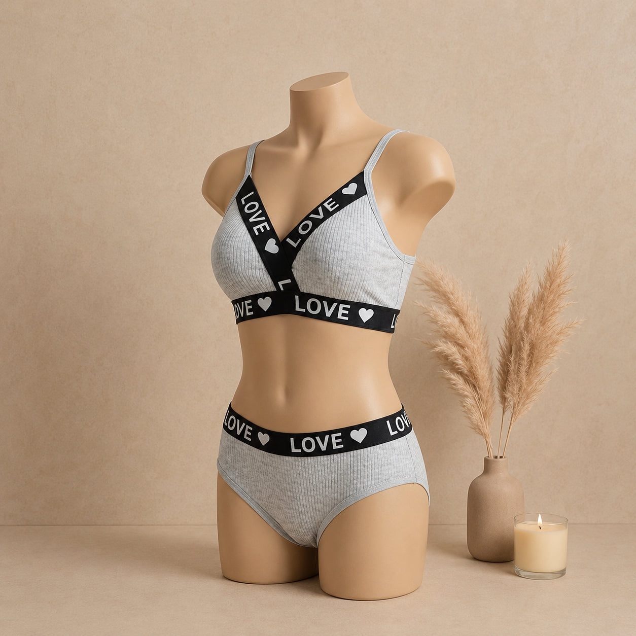 Women's Ribbed Love Bralette & Panty Set – Soft Wireless Comfort Lingerie | Haya Secrets