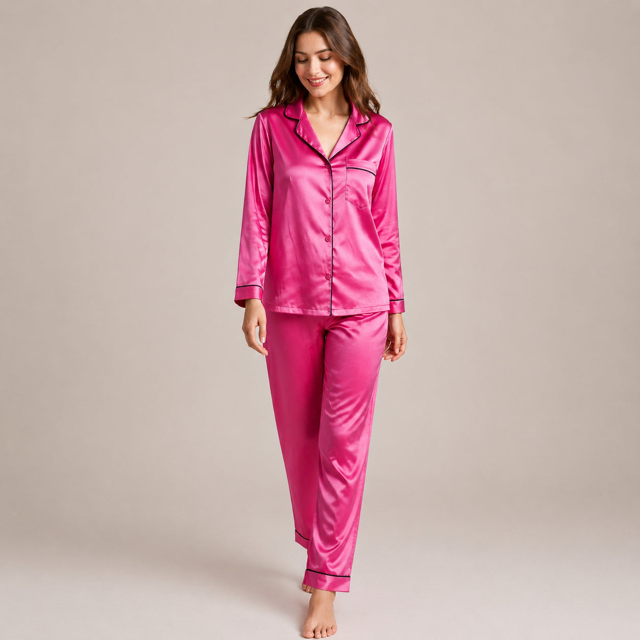 Silk Satin Night Suit Soft Pink, Luxury Feel & Elegant 2-Piece Set | Haya Secrets