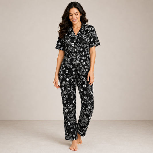 Black Floral Arabic Night Suit Soft, Elegant & Relaxed Fit (2-Piece Set) | Haya Secrets