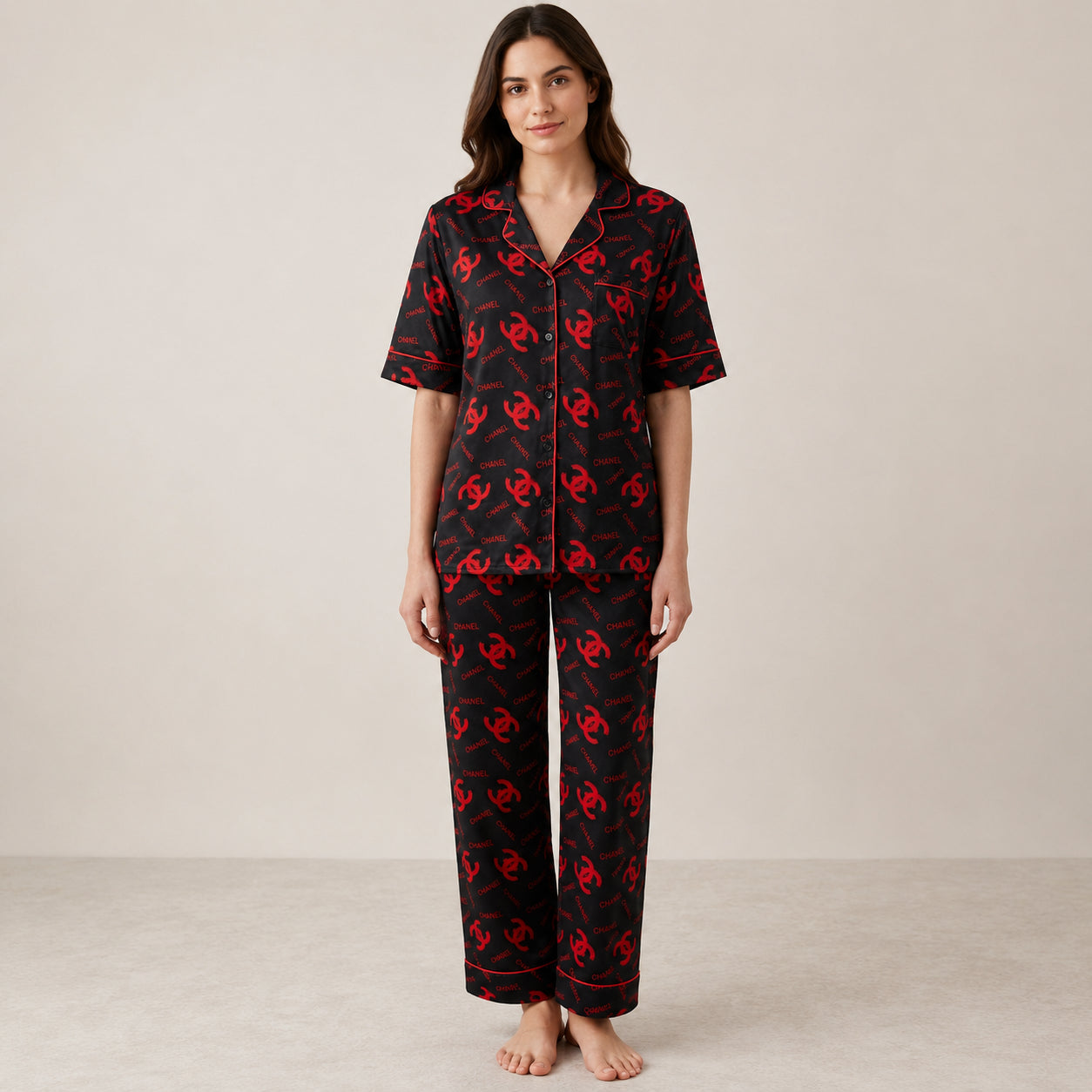 Black & Red Printed Night Suit Luxury Inspired, Soft & Comfortable (2-Piece Set) | Haya Secrets