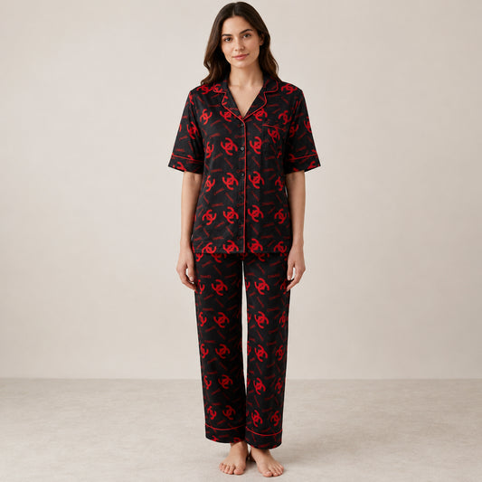 Black & Red Printed Night Suit Luxury Inspired, Soft & Comfortable (2-Piece Set) | Haya Secrets