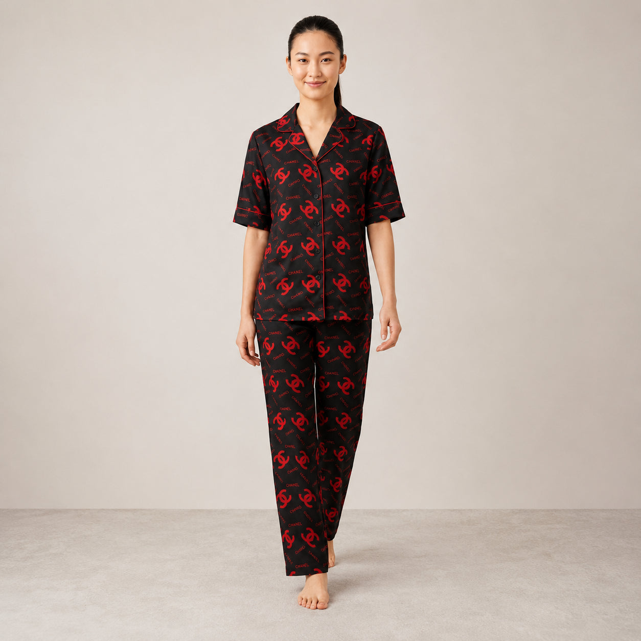 Black & Red Printed Night Suit Luxury Inspired, Soft & Comfortable (2-Piece Set) | Haya Secrets