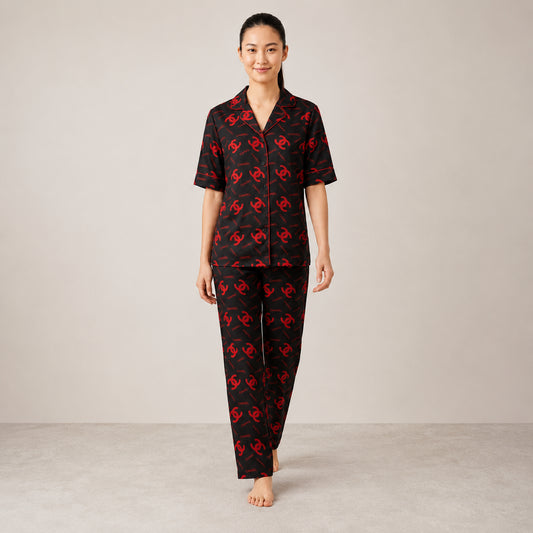 Black & Red Printed Night Suit Luxury Inspired, Soft & Comfortable (2-Piece Set) | Haya Secrets