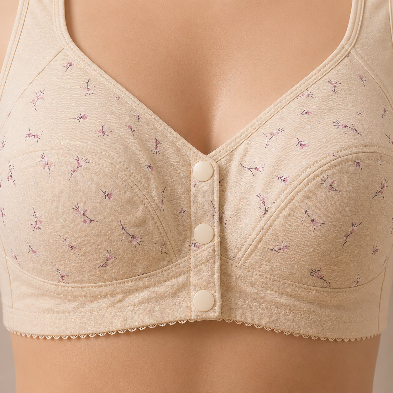 Blossom Comfort Front Open Cotton Bra – Soft Beige | Haya Secrets