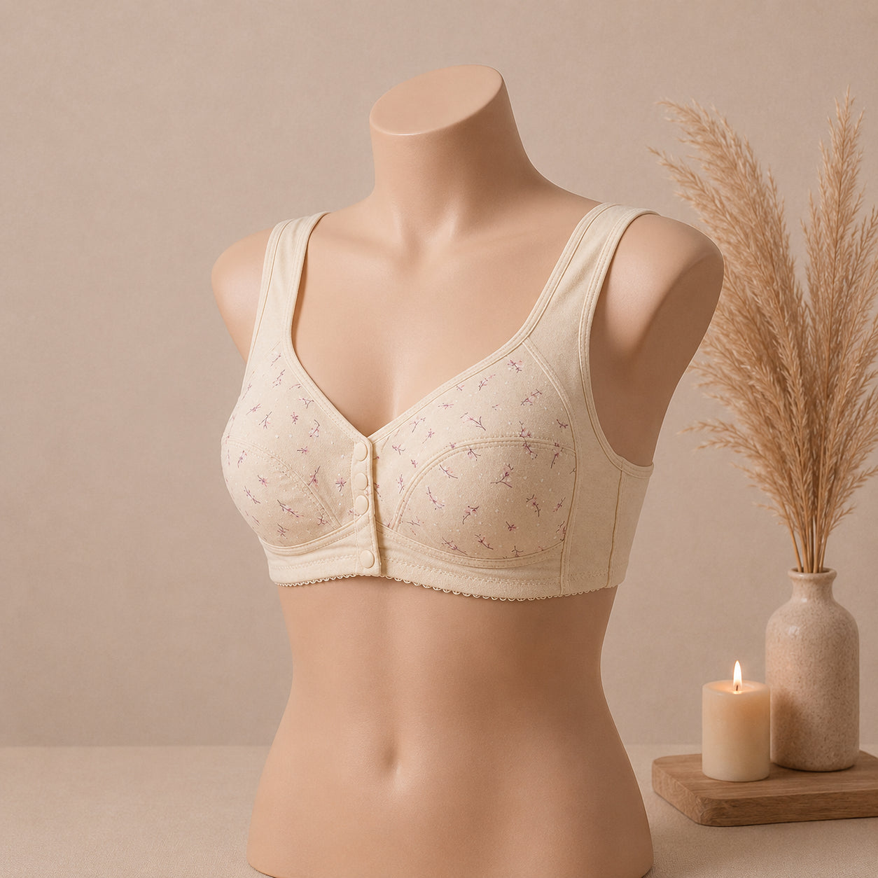 Blossom Comfort Front Open Cotton Bra – Soft Beige | Haya Secrets