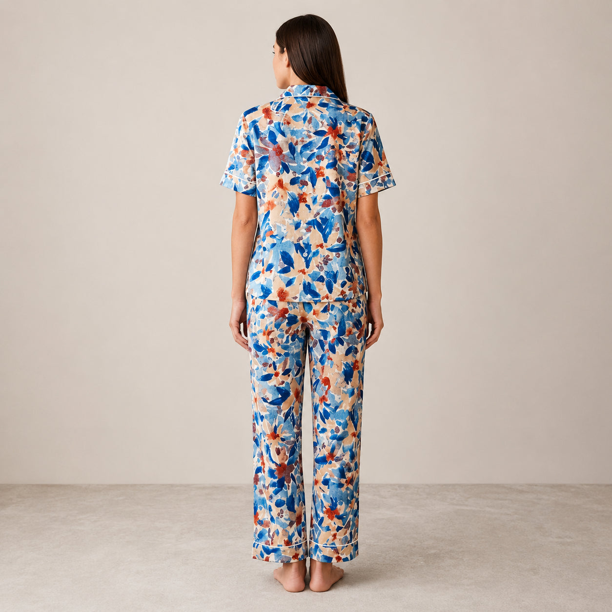 Blue Floral Arabic Night Suit – Soft, Elegant & Relaxed Fit (2-Piece Set) | Haya Secrets