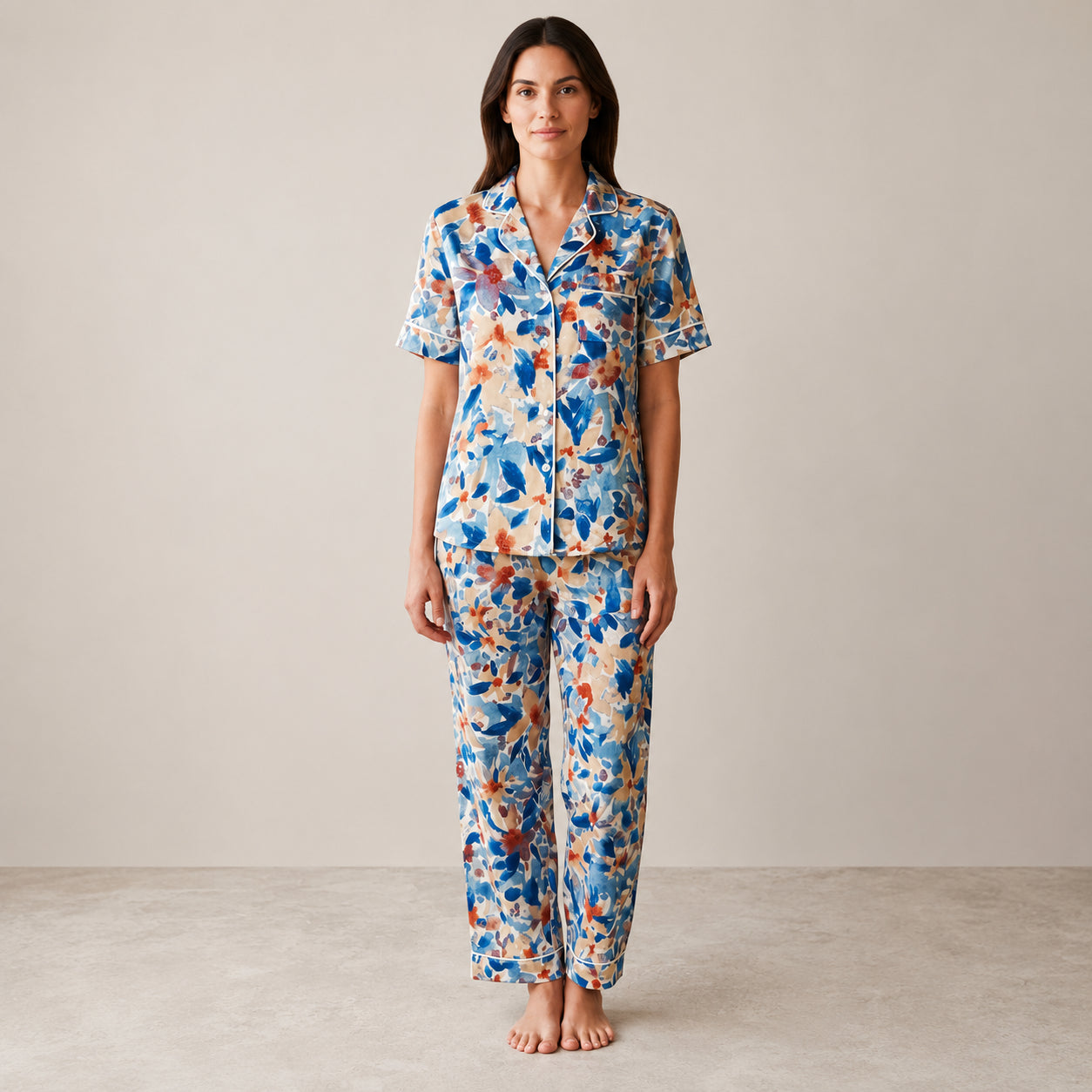 Blue Floral Arabic Night Suit – Soft, Elegant & Relaxed Fit (2-Piece Set) | Haya Secrets