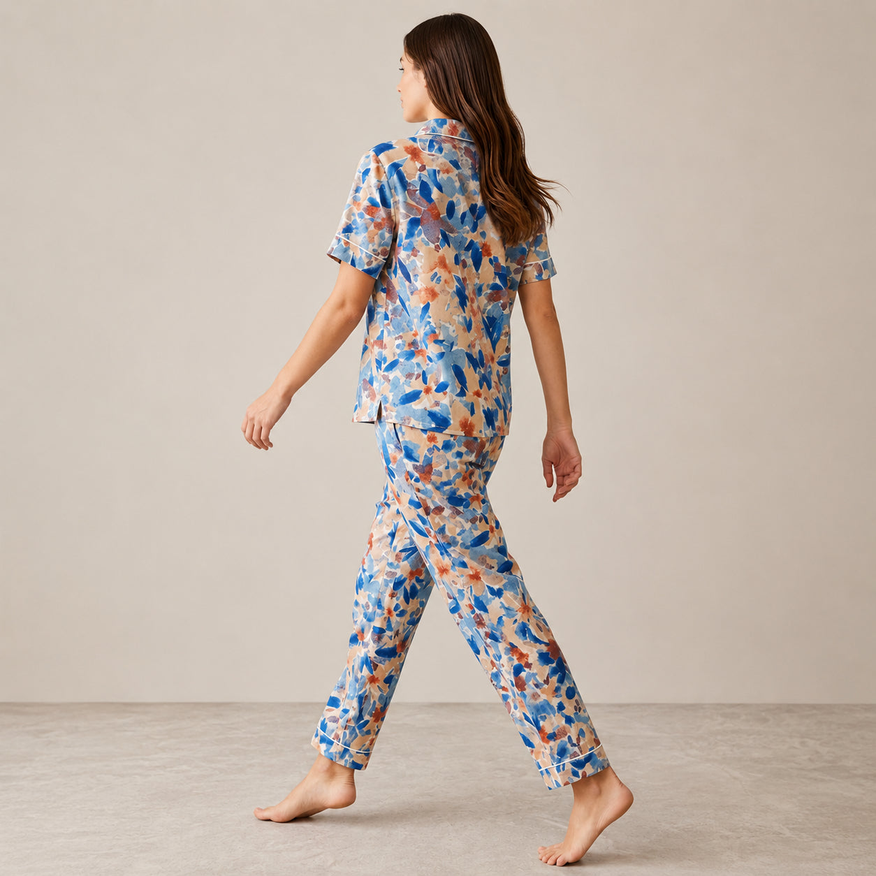 Blue Floral Arabic Night Suit – Soft, Elegant & Relaxed Fit (2-Piece Set) | Haya Secrets