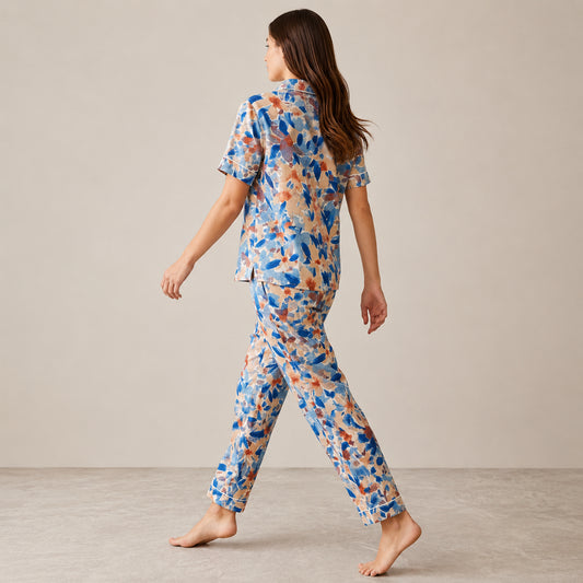 Blue Floral Arabic Night Suit – Soft, Elegant & Relaxed Fit (2-Piece Set) | Haya Secrets