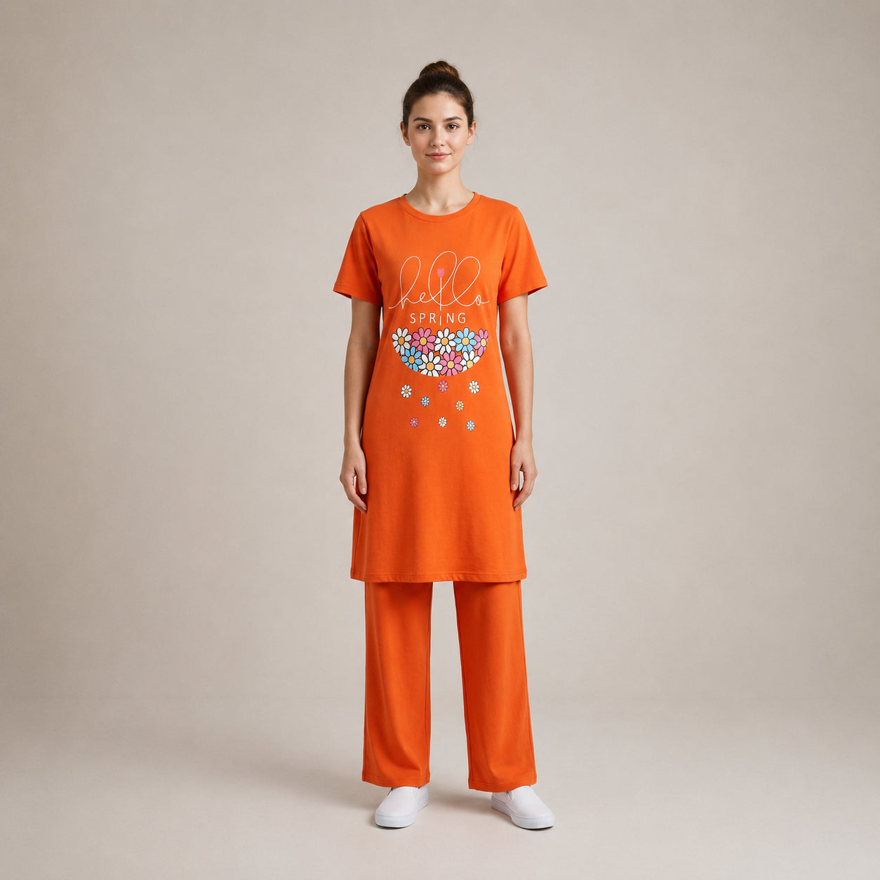 Orange Printed Long Shirt Trouser Set Soft, Comfortable & Relaxed Fit | Haya Secrets