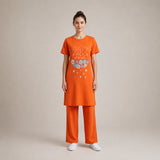Orange Printed Long Shirt Trouser Set Soft, Comfortable & Relaxed Fit | Haya Secrets