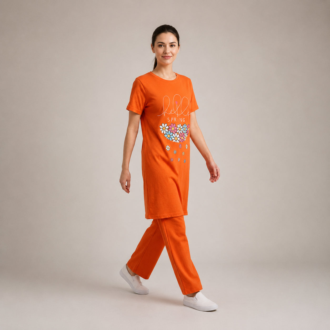 Orange Printed Long Shirt Trouser Set Soft, Comfortable & Relaxed Fit | Haya Secrets