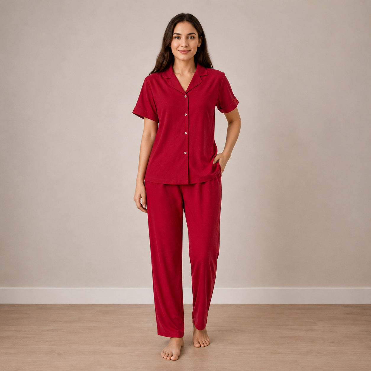 Red Silk Night Suit Luxury Satin, Soft & Elegant 2-Piece Set | Haya Secrets