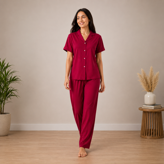 Red Silk Night Suit Luxury Satin, Soft & Elegant 2-Piece Set | Haya Secrets