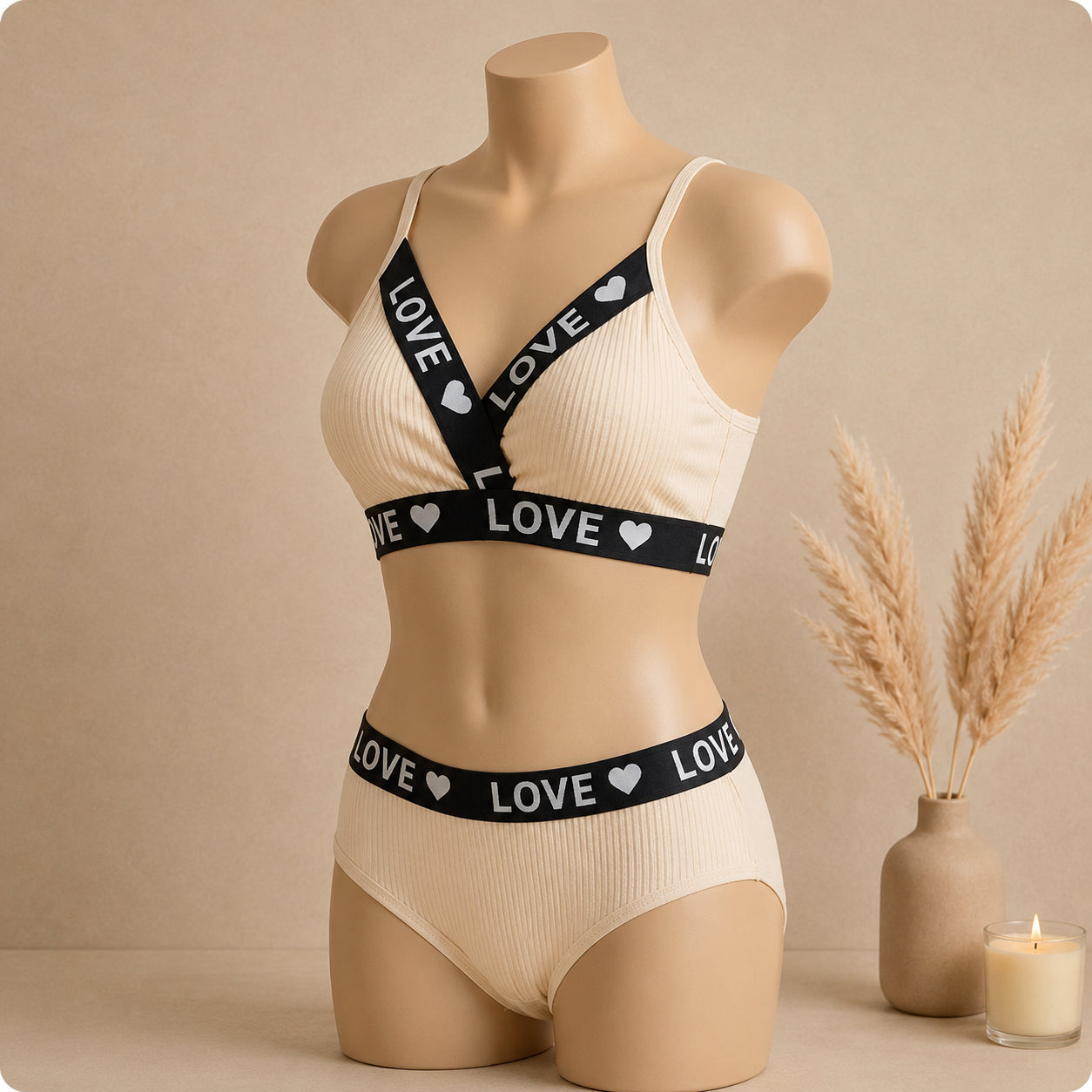 Women's Ribbed Love Bralette & Panty Set – Soft Wireless Comfort Lingerie | Haya Secrets