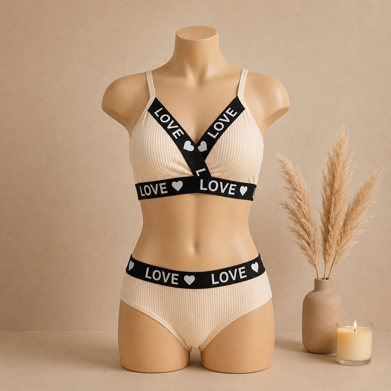Women's Ribbed Love Bralette & Panty Set – Soft Wireless Comfort Lingerie | Haya Secrets