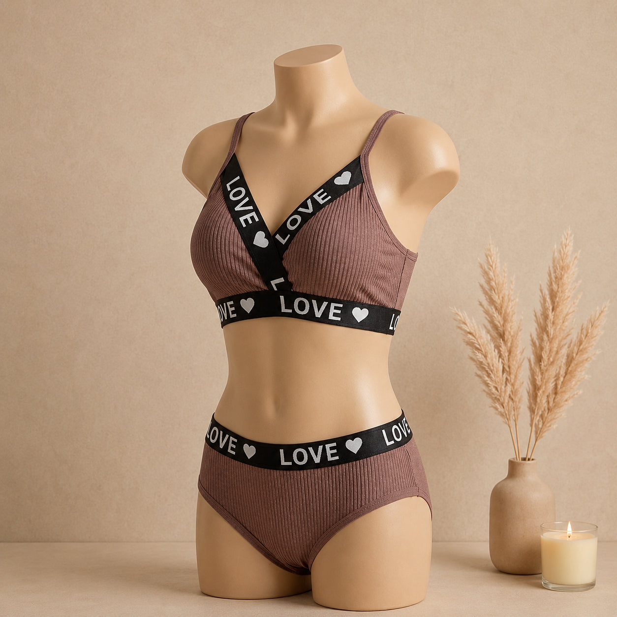 Women's Ribbed Love Bralette & Panty Set – Soft Wireless Comfort Lingerie | Haya Secrets