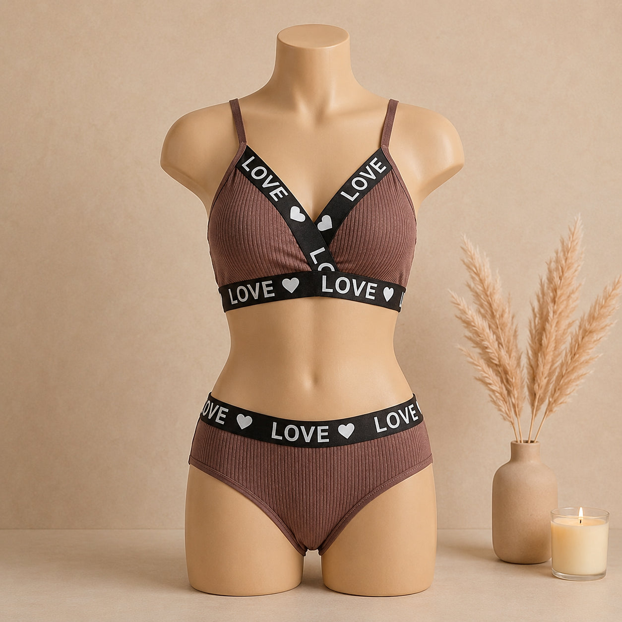 Women's Ribbed Love Bralette & Panty Set – Soft Wireless Comfort Lingerie | Haya Secrets
